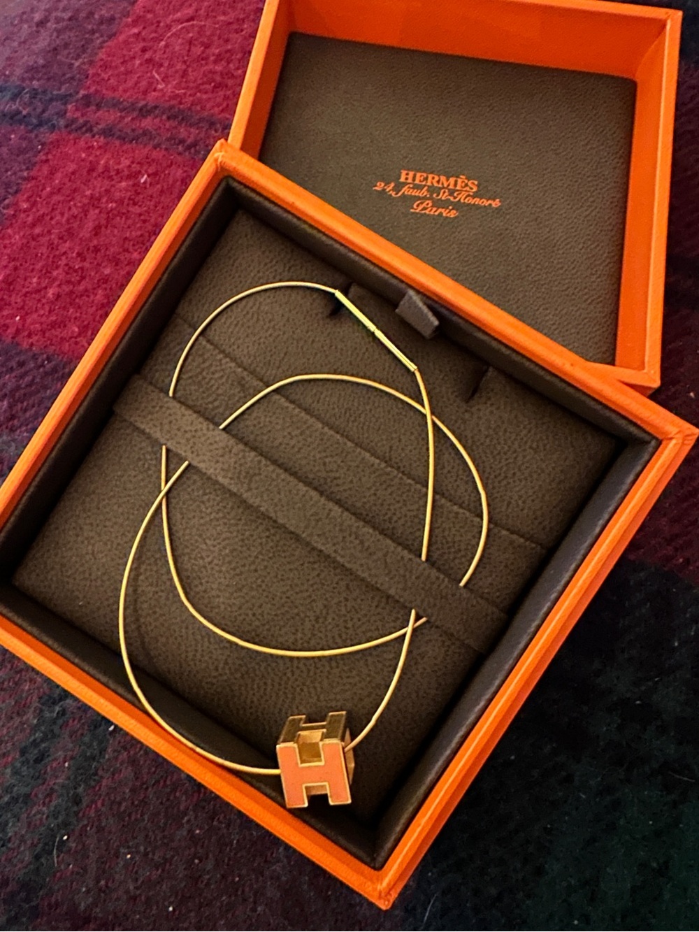 Hermes Cage Ash Metal Gold Necklace In Box Orange
